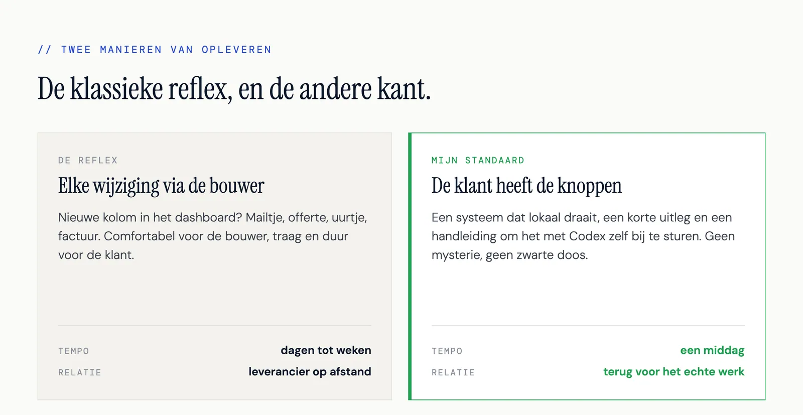 Twee manieren van opleveren: elke wijziging via de bouwer, of de klant heeft zelf de knoppen.